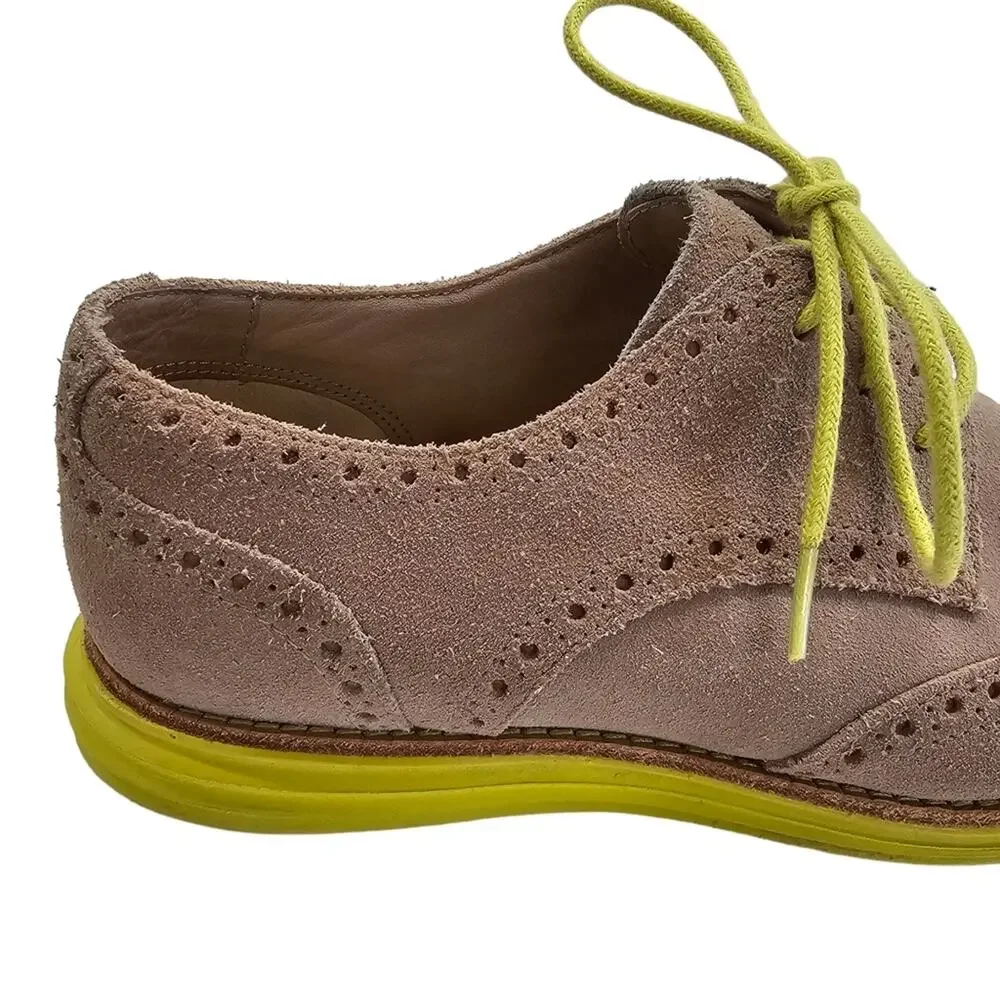 Cole Haan Shoes Womens Size 5.5 Tan Wingtip Oxford Suede Lace Up Chartreuse